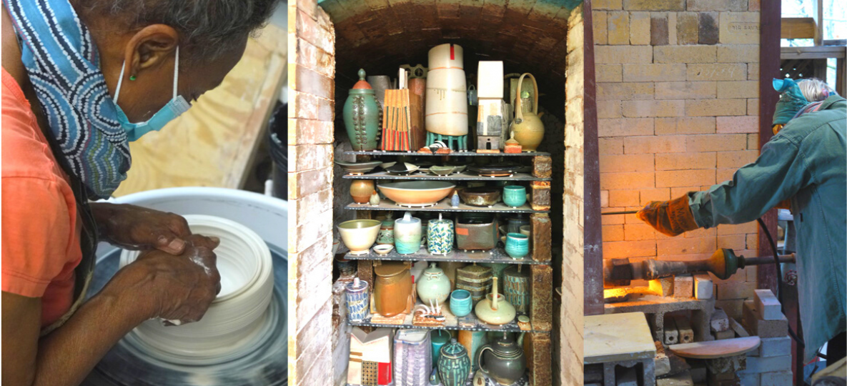 Three pottery images together - woman working and pottery kiln